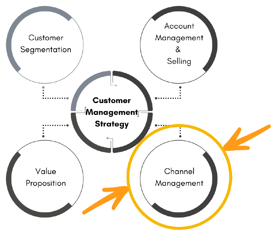 Diagram of a customer management strategy at the centre of four linked elements: customer segmentation, account management and selling, value proposition, and channel management, with channel management highlighted