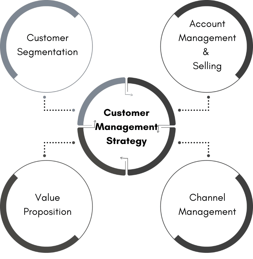 The 5-stage customer management model: customer management strategy at the centre, surrounded by customer segmentation, account management and selling, channel management and value proposition