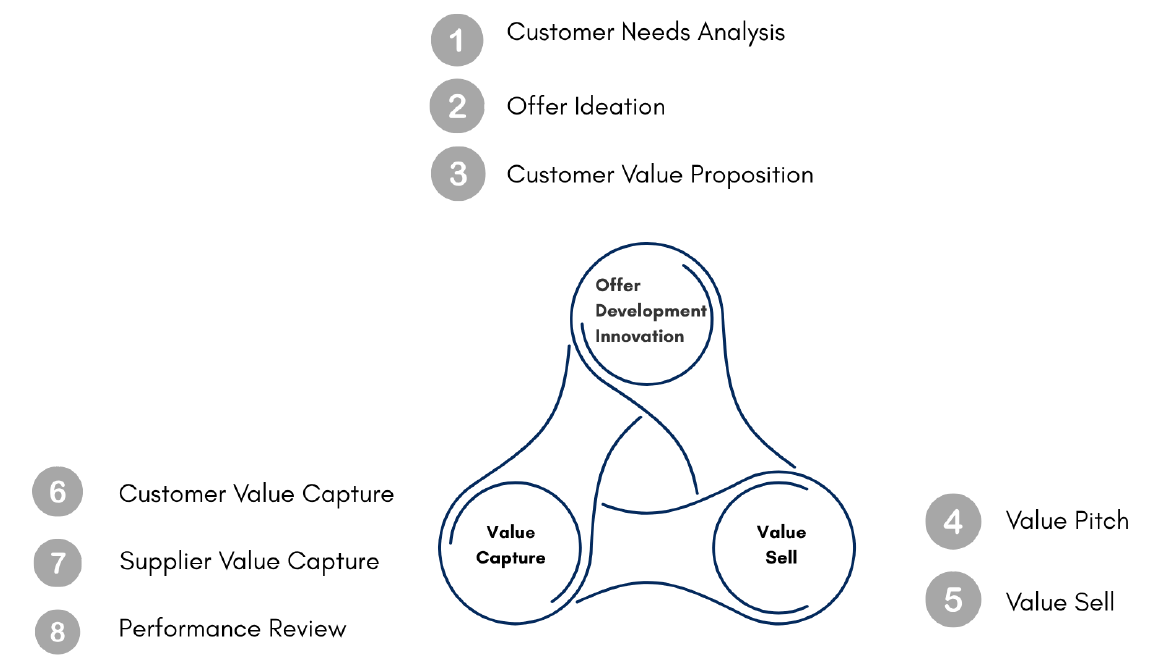 The Strategic Customer Planning Cycle: Offer Development and Innovation, Value Sell and Value Capture, with eight phases from customer needs analysis to performance review