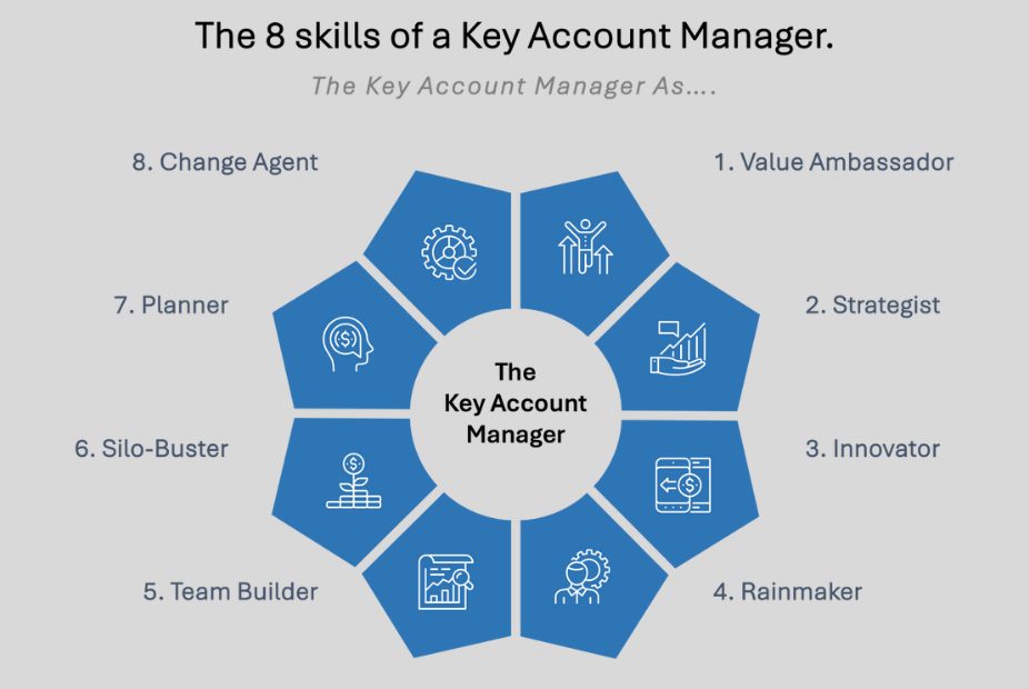 The eight skills of a key account manager: value ambassador, strategist, innovator, rainmaker, team builder, silo-buster, planner and change agent